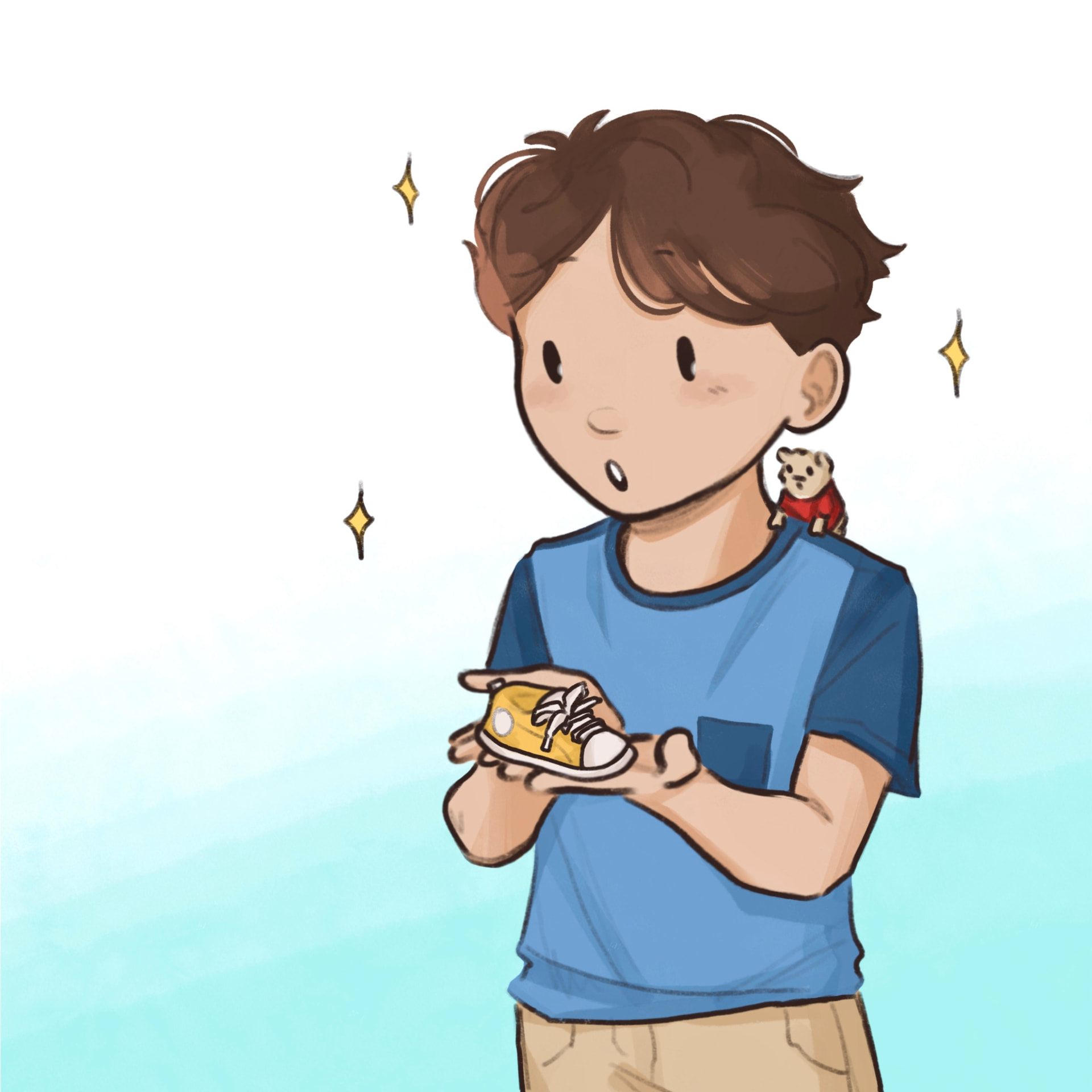 Illustration of a boy holding a tiny yellow shoe, sparkles around him