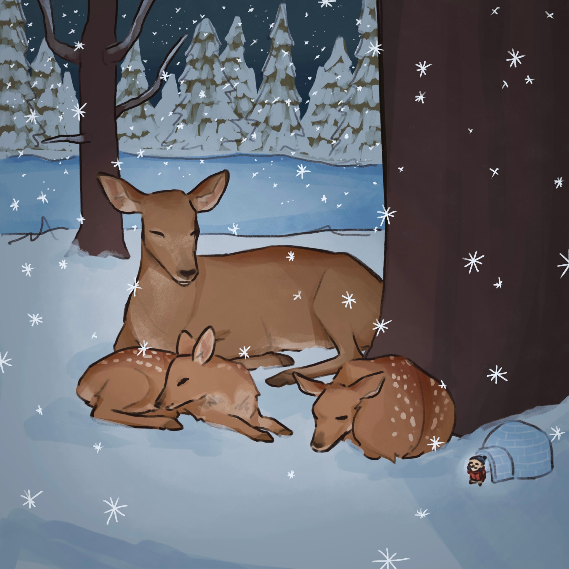 Illustration of a deer and two fawns resting in a snowy winter forest