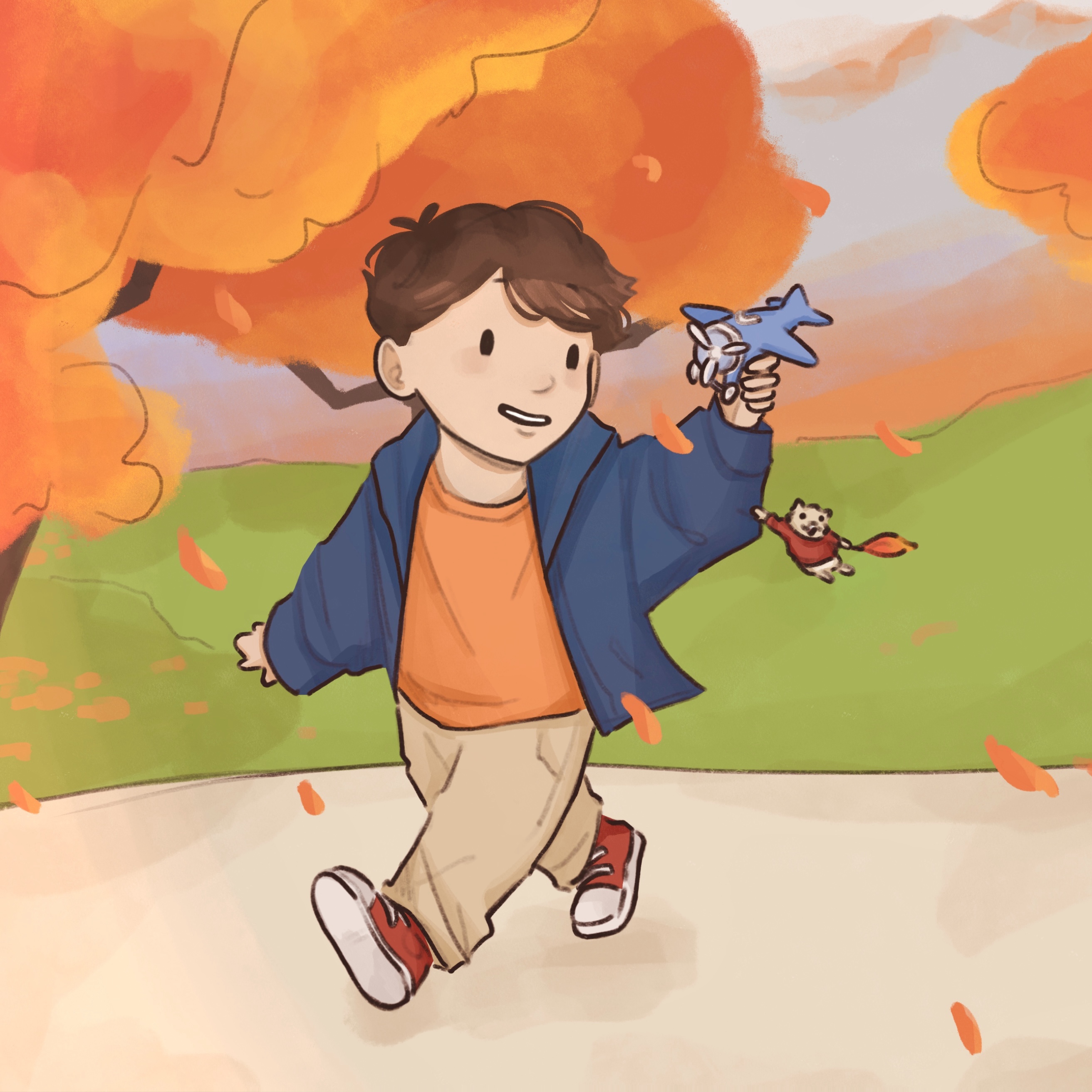Illustration of a boy holding a star wand among falling autumn leaves