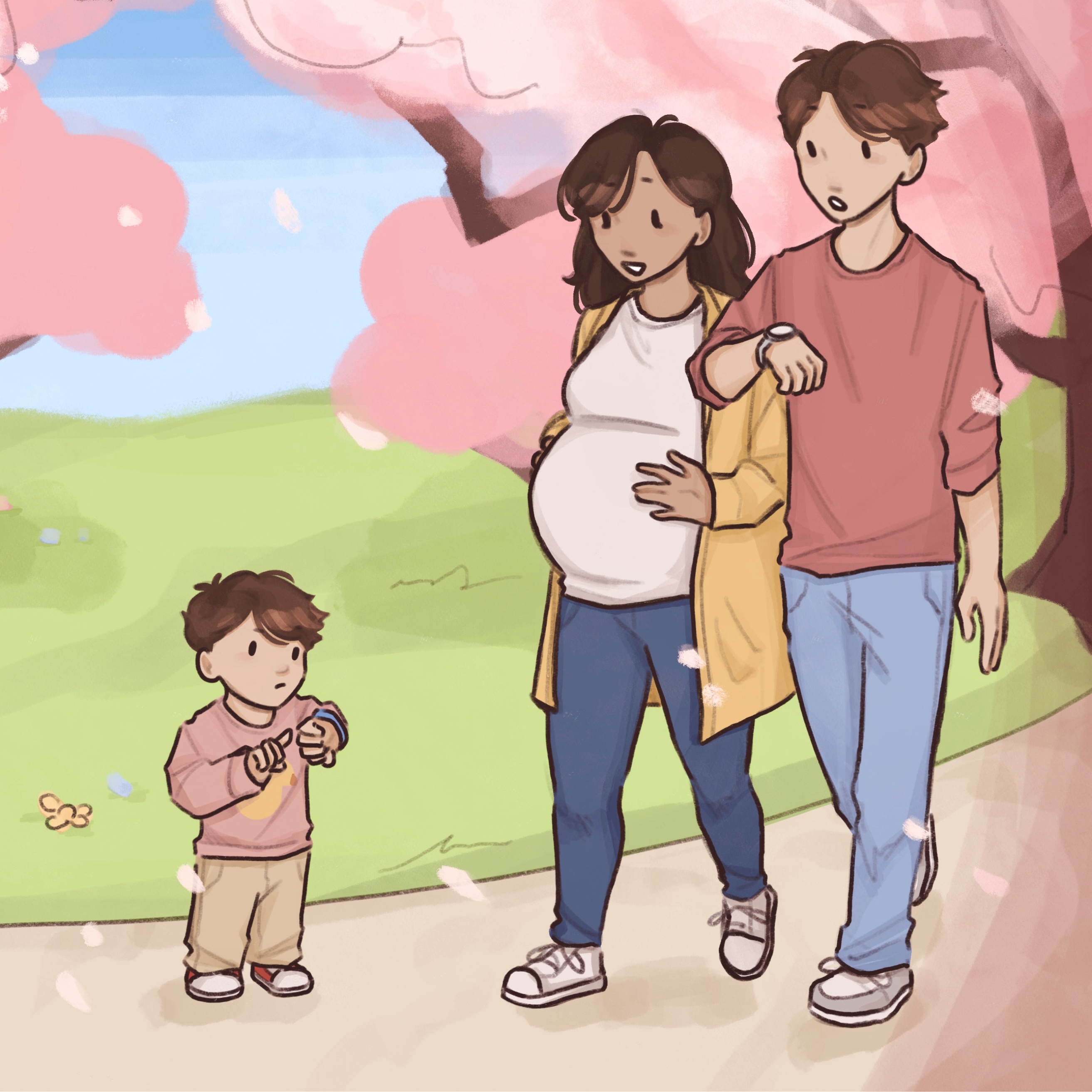 Illustration of a young family walking under pink spring blossoms
